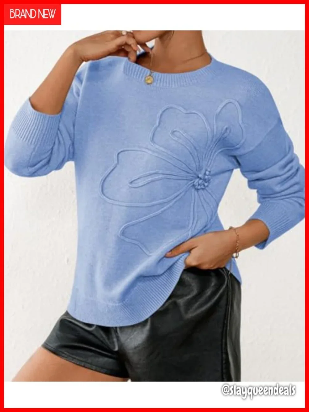 Women's Long Sleeve Crewneck Pullover Floral Sweater Classic Knit Top